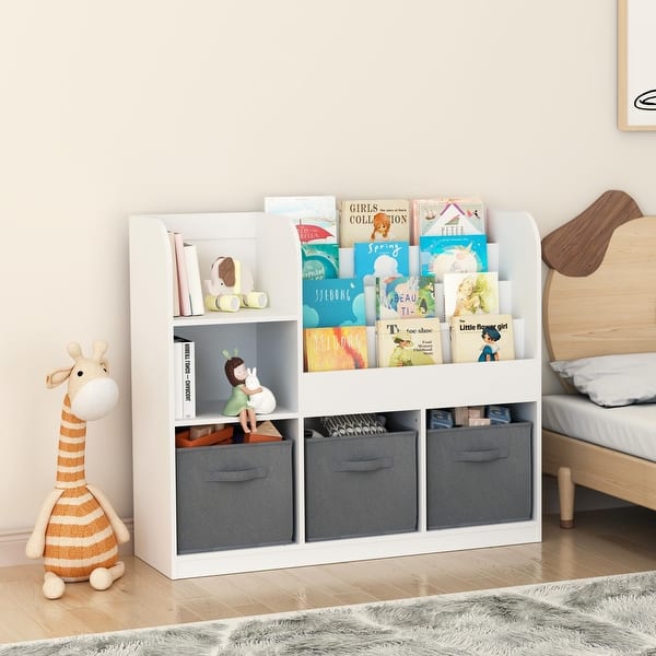 slide 2 of 9, Kids Bookcase and Bookshelf, Multifunctional Bookcase with 3 Collapsible Fabric Drawers, Toy Storage Organizer White