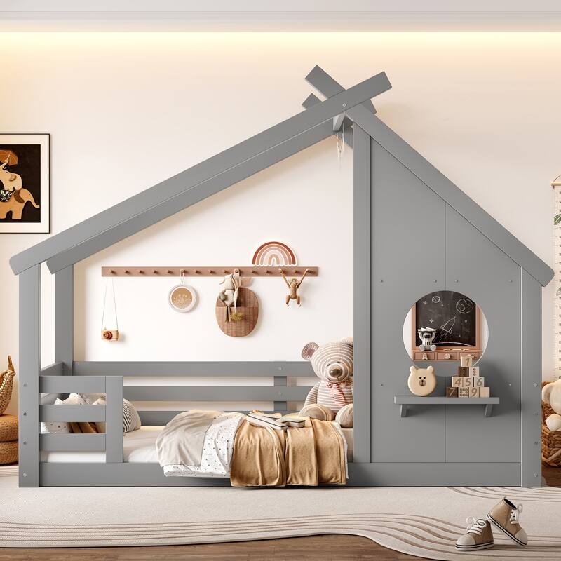 Full/Twin Size House Floor Bed with Window & Shelf, Solid Wood House-Shaped Design