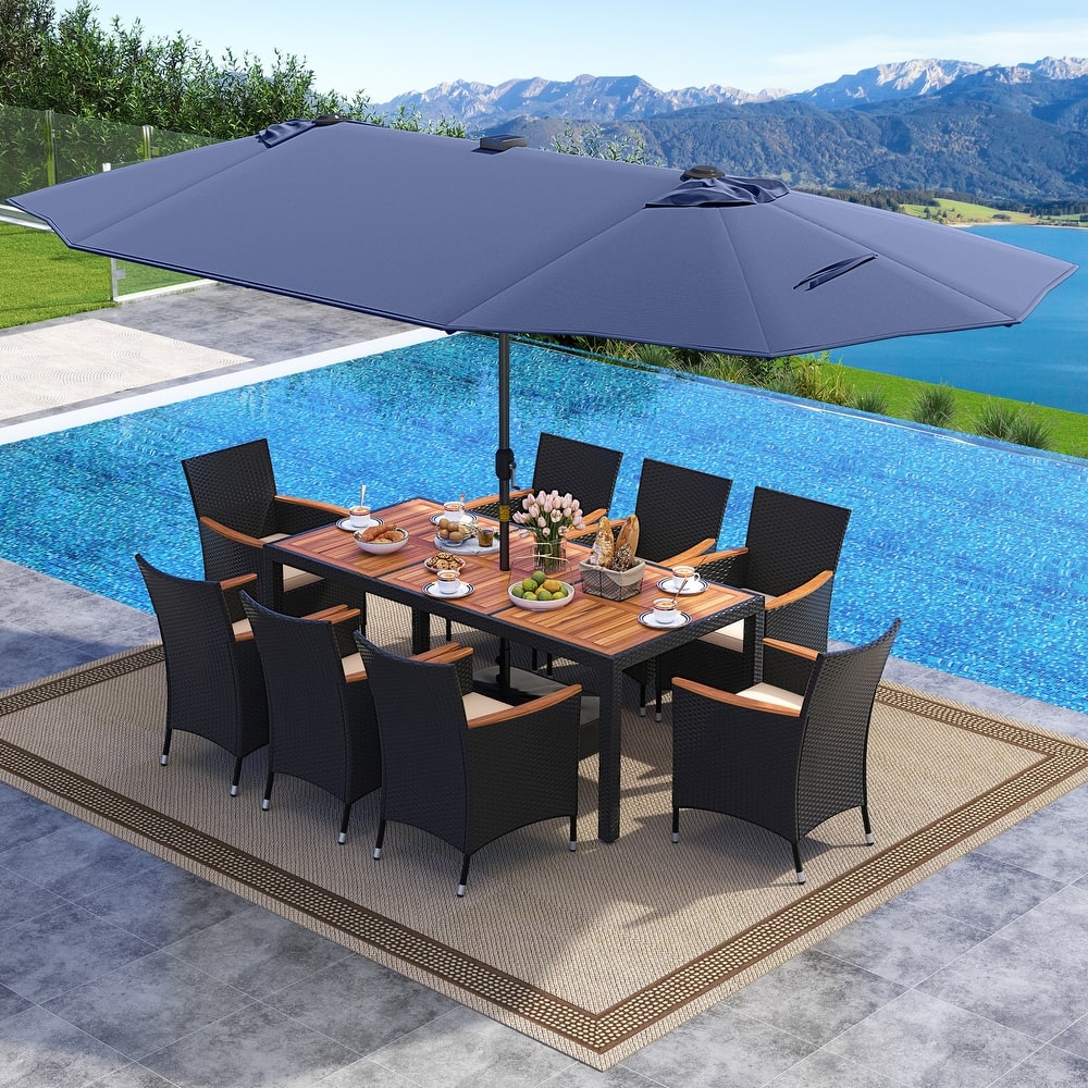 Gymax Set Of 11 Patio Dining Set w/ 15ft Double-Sided Patio Umbrella