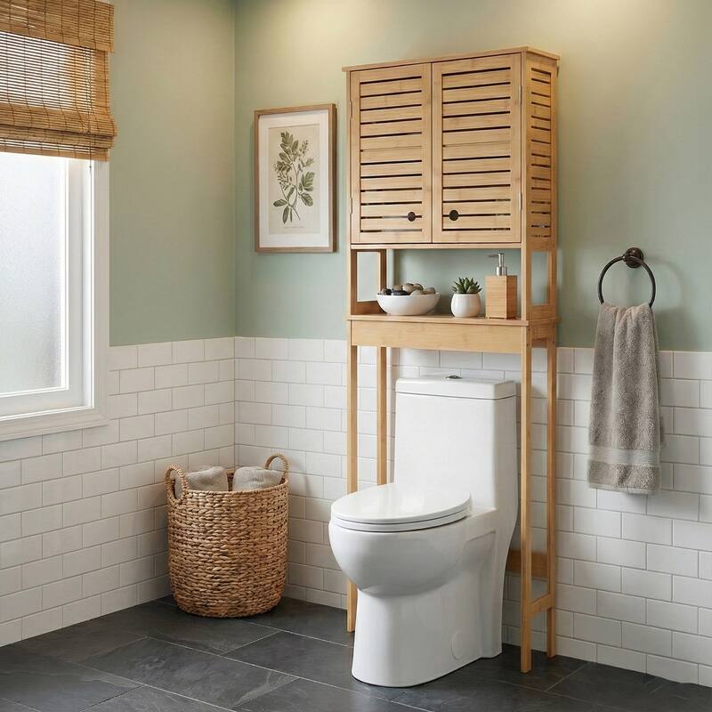 Over The Toilet Storage Cabinet with Double Vented Doors and Open Shelf, Natural - Trinidad Collection