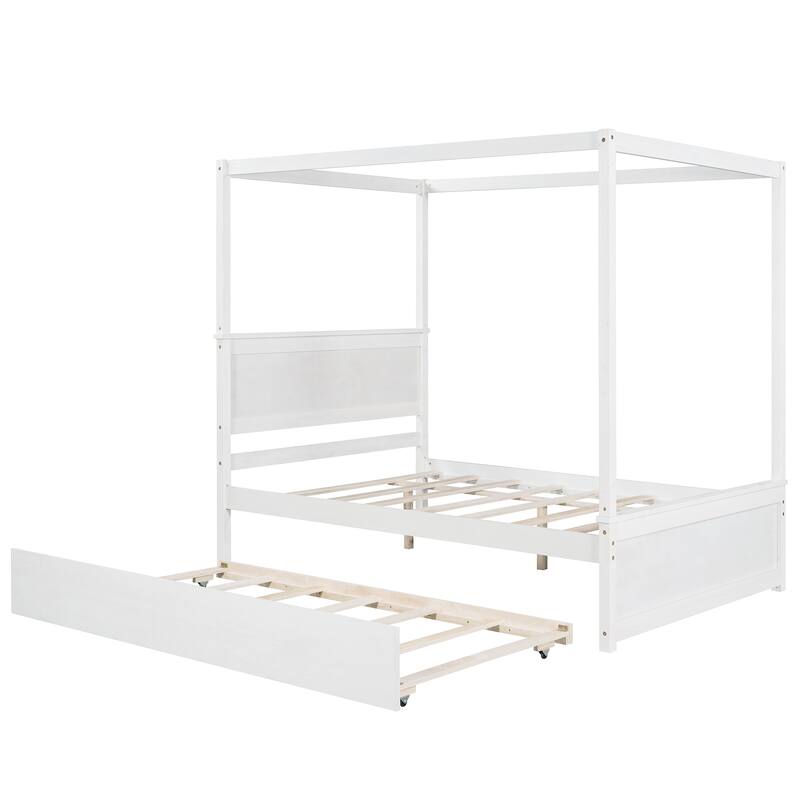 Modern Full Canopy Bed with Trundle, Solid Wood Frame, and Customizable Curtain Rails