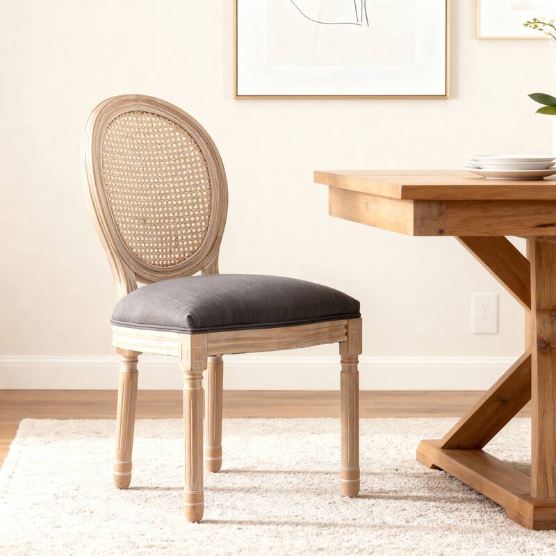 Dining Chairs Set of 2, Rattan Upholstered Vintage Farmhouse Fabric Chair, with Round Backrest and Solid Wood Legs