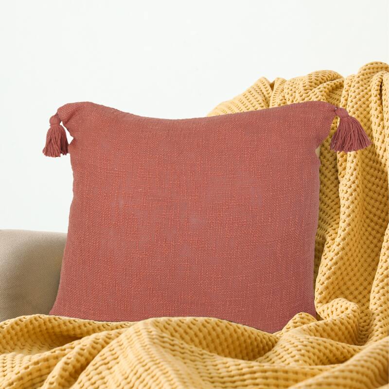 Handwoven Solid Square Throw Pillow Cover with Tassels - 20" - Orange