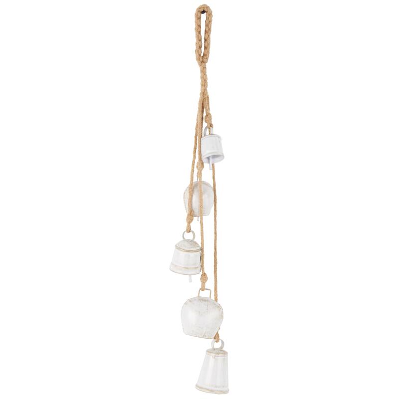 Gold, White or Black Metal Tibetan Inspired Cascading Indoor Outdoor Decorative Cow Bells with 5 Bells on Jute Hanging Rope