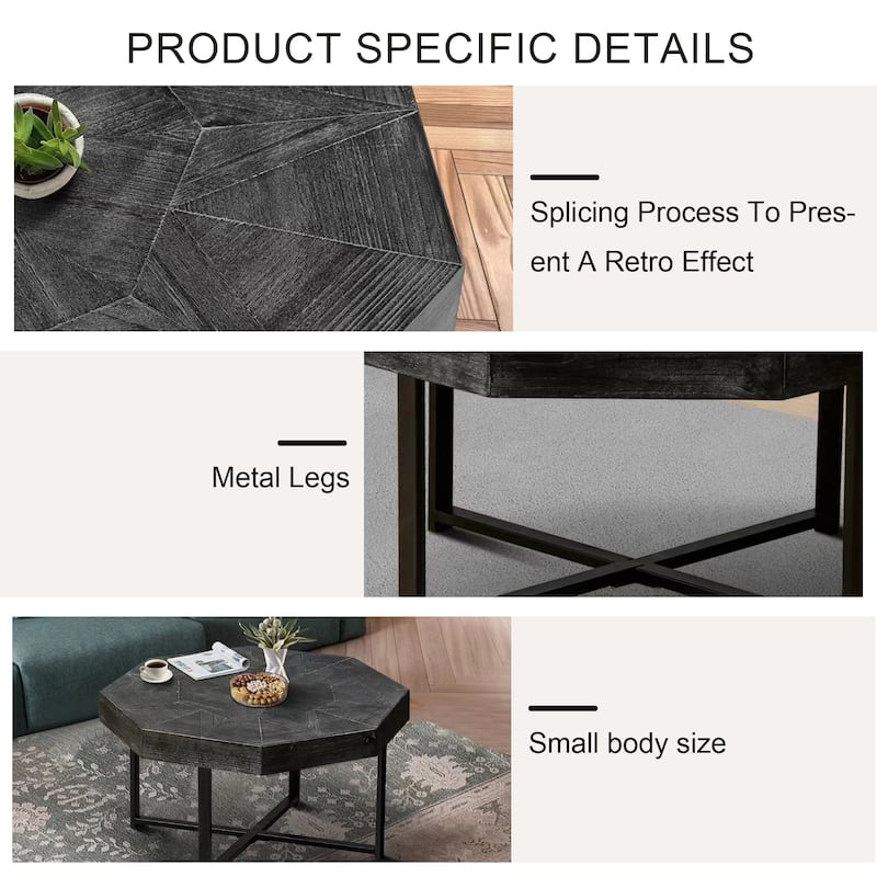 30" Wood Octagonal Vintage Patchwork Craft Wooden Table Top and Metal Legs