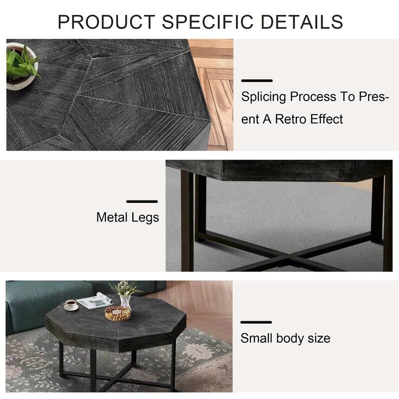 30 Inch Wood Octagonal Vintage Patchwork Craft Farmhouse Coffee Table with Cross Metal Legs