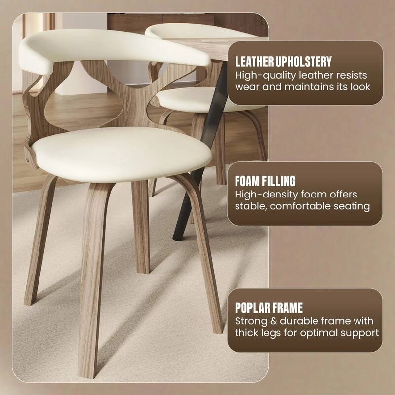 Klyne Leather Dining Chair with Poplar Wood Frame - Mid-Century Wooden Accent Chair with Swivel Base Set of 2