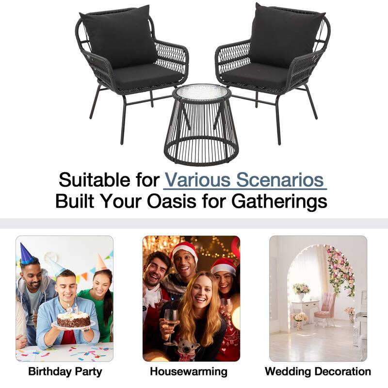3-Piece Patio Conversation Bistro Set, Outdoor Rattan Furniture Set with Glass Table & 2 Wide Armchairs, Seat Cushions