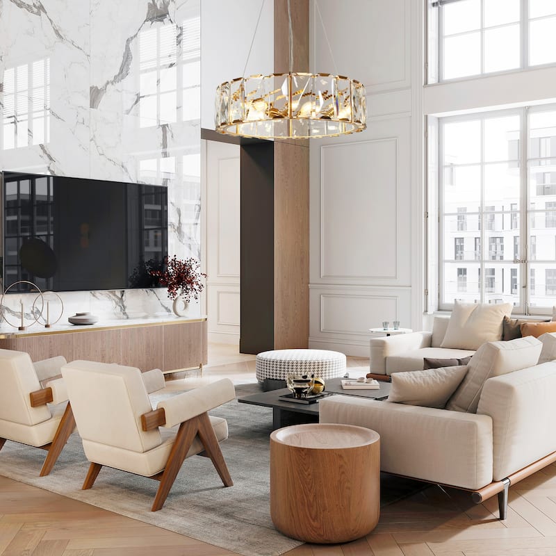 Modern Gold 6-Light Crystal Drum Chandelier for Dining Living Room