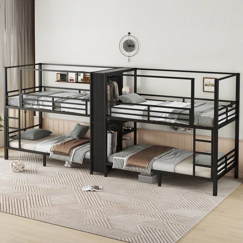 Twin size Quadruple Metal Bunk Bed,Metal Bunk Bed with Built-in Storage Shelves & Wardrobe,Sturdy Metal Frame
