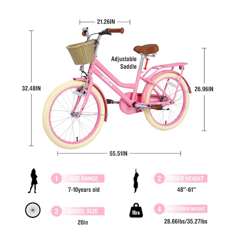 20 Inch Girls Bike with Basket, Single Speed Steel Frame, Front V-Brake & Rear Coaster Brake, Ages 7-10