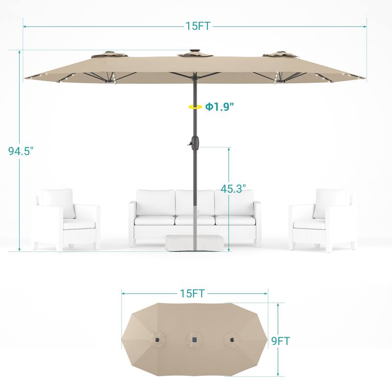 BONOSUKI 15x9ft LED Double-Sided Patio Umbrella Aluminum Large Canopy