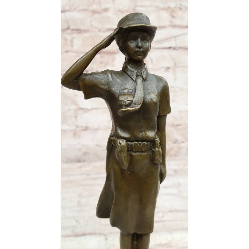 Hot Cast Bronze Figure Sculpture Female Cadet Soldier Officer On Marble Base