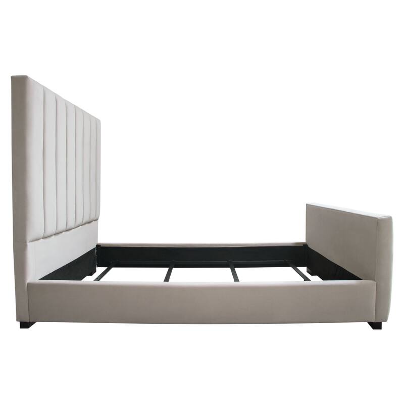 Eva Queen Bed, Vertical Channel Tufted Light Gray Velvet Upholstery