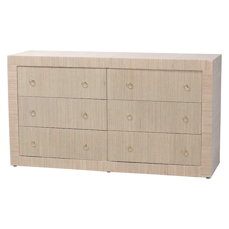 Sage Natural Grasscloth Dresser - 6-Drawer Bedroom Storage Cabinet with Gold Ring Pulls, Modern Coastal Chest of Drawers - Beige