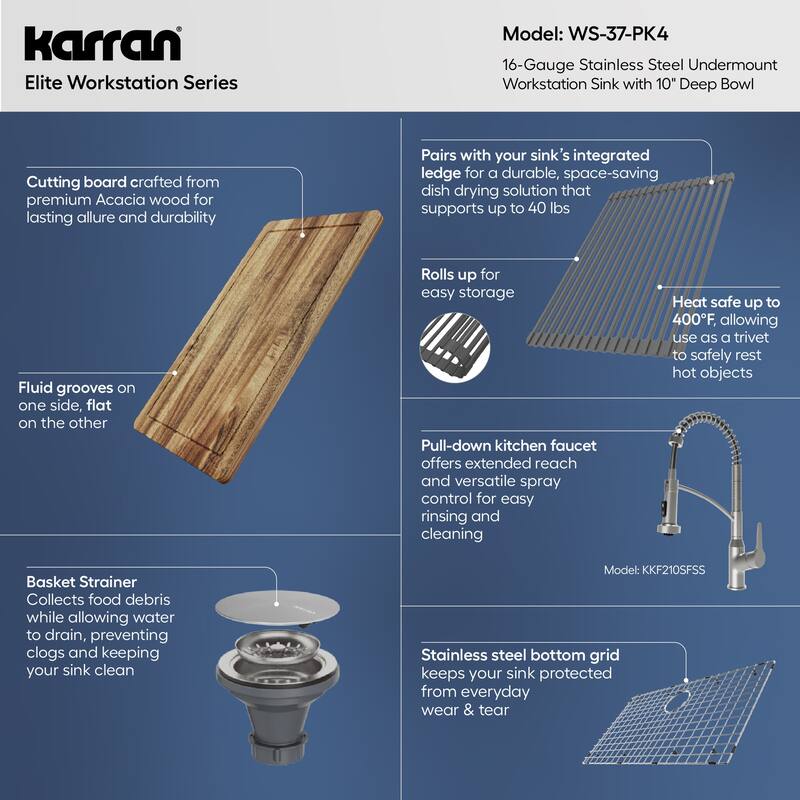 Elite 32" Undermount Workstation 16 Gauge Single Bowl Stainless Steel Kitchen Sink with Scottsdale Pull-Down Faucet