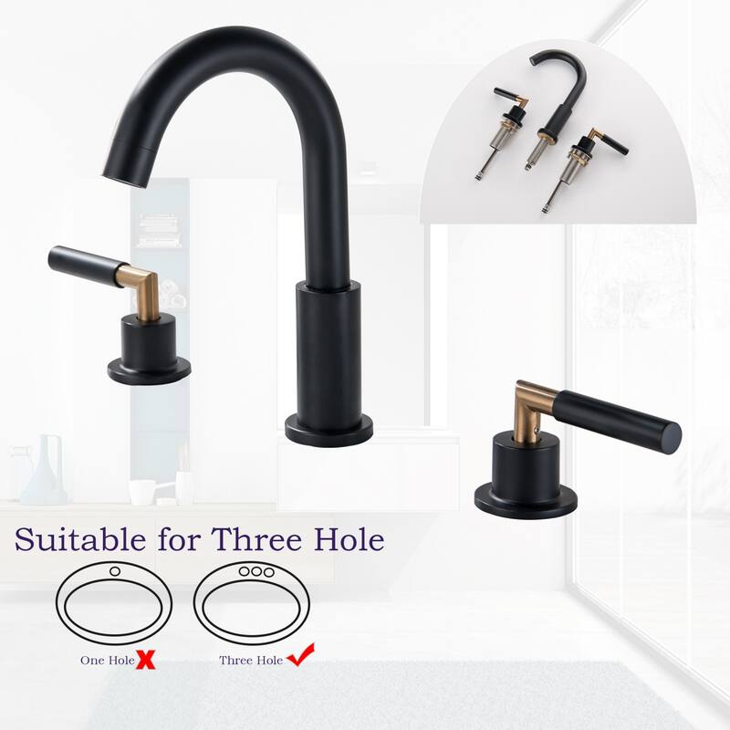 Luxury 2-Handle Gold / Black Bathroom Sink Faucet 3 Hole Widespread In Brass