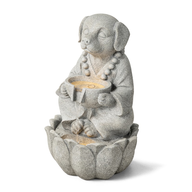 Glitzhome 21.75"H 2-Tiered Zen-Style Polyresin Cat Dog Statue Outdoor Fountain with LED Lights