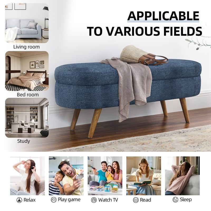 44" Beige Boucle Storage Ottoman Bench for Living Room Bedroom,Oval Storage Bench Ottoman Foot Rest Wood Legs
