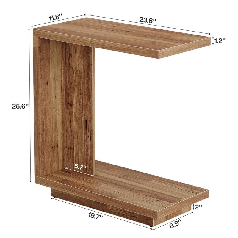 C-Shaped Side Table, 2-Tier Narrow End Table Wood Bedside Table