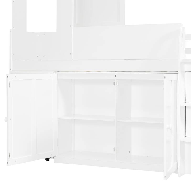 House-Style Kids Loft Bed Frame with Cabinets, Desk, Twin Size Wooden Loft Bed with Safety Guardrail & Storage Ladder