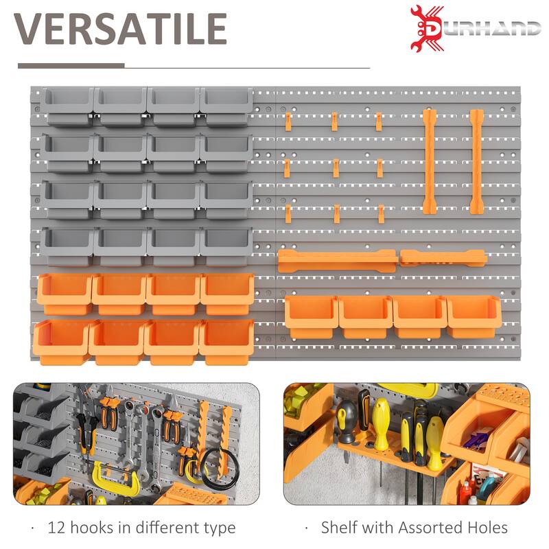 DURHAND 44 Piece Wall Mounted Pegboard Tool Organizer Rack Kit with Various Sized Storage Bins, Pegboard, & Hooks, Orange