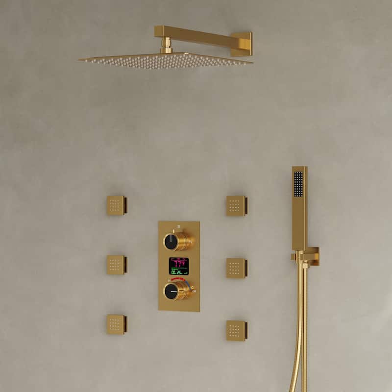 LCD Digital Display Shower System ,12" High-Pressure Rainfall Shower Head with Pressure-Balanced Valve - Brushed Gold
