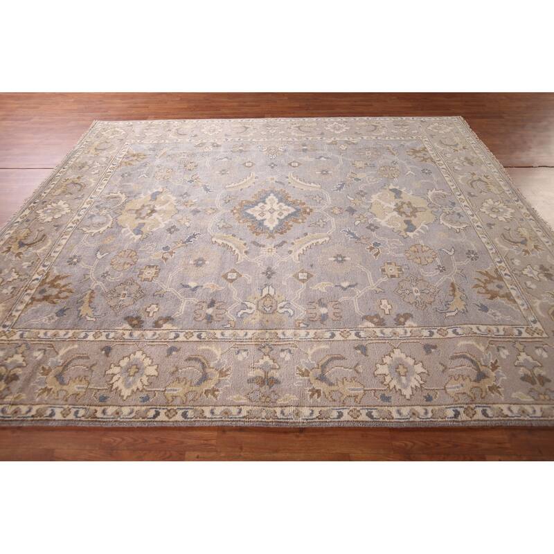 Floral Gray Oushak Indian Area Rug Hand-Knotted Wool Carpet - 8'1" x 9'11"