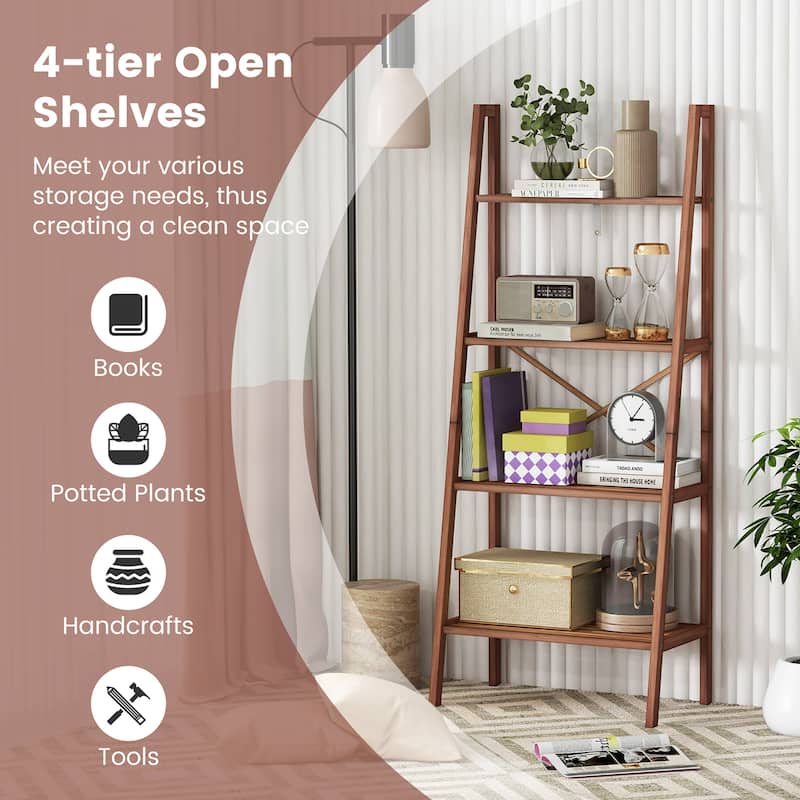 Gymax 2 PCS 4-Tier Bamboo Ladder Bookshelf 58'' Display Shelf Storage
