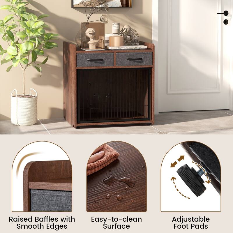 Indoor Dog Crate Furniture with Drawers Stylish End Table Cage - 24.5" L × 19.5" W × 25" H