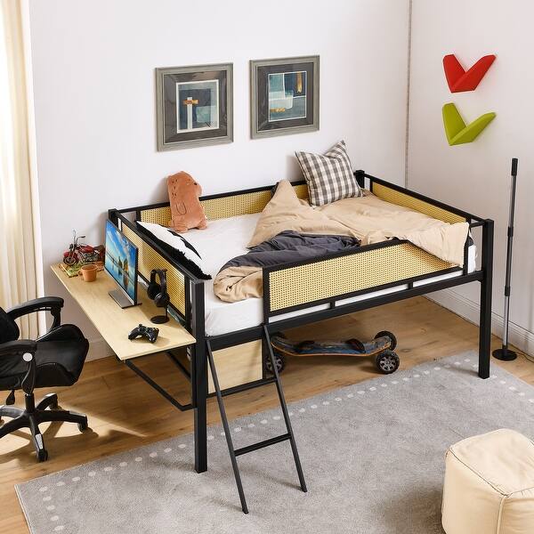 slide 2 of 39, Metal Loft Bed with Desk, Rattan Loft Bed Frame with Hanging Storage Black+Natural