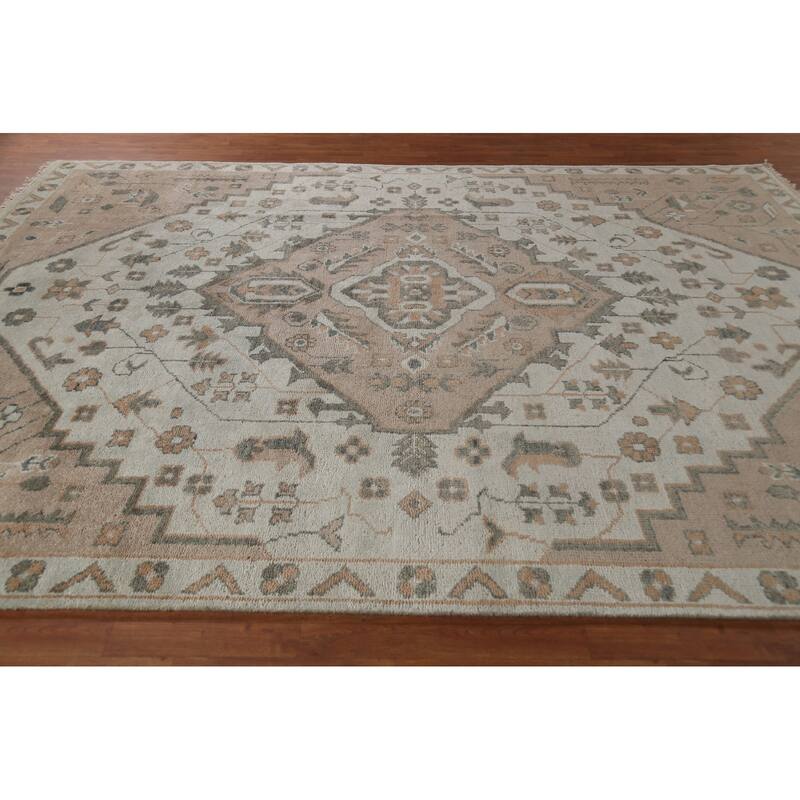 Geometric Heriz Serapi Indian Area Rug Handmade Grey Wool Carpet - 8'11" x 11'10"