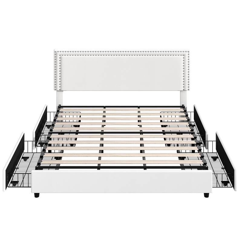 Modern Upholstered Bed Frame with 4 Storage Drawers, Platform Fabric Bed with Button Tufted Headboard