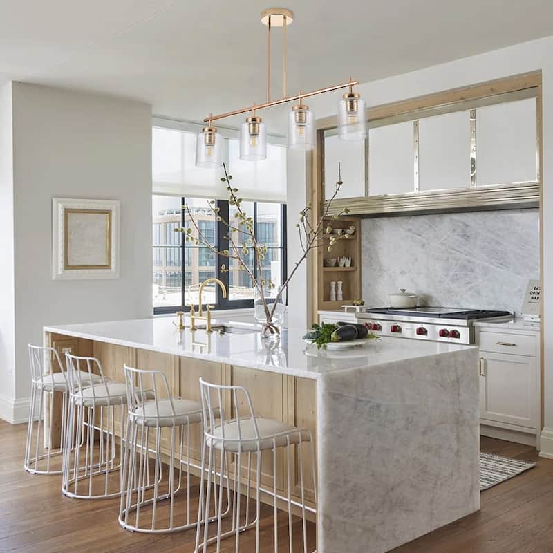 Farmhouse Gold Multi-Bulb Kitchen Island Chandelier with Stripe Clear Glass Shades
