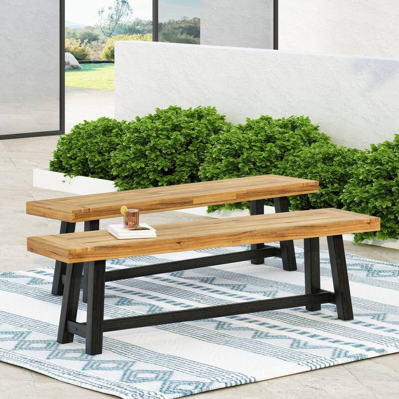 Raphael Acacia Wood Outdoor Bench (Set of 2)by Christopher Knight Home - Sandblasted Teak+ Black