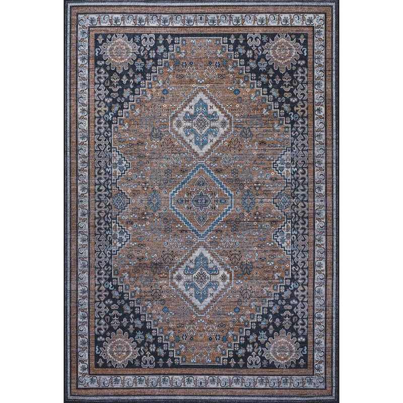 JONATHAN Y Didim Geometric Medallions Machine Washable Area Rug - 4 X 6 - Brown/Blue/Gray