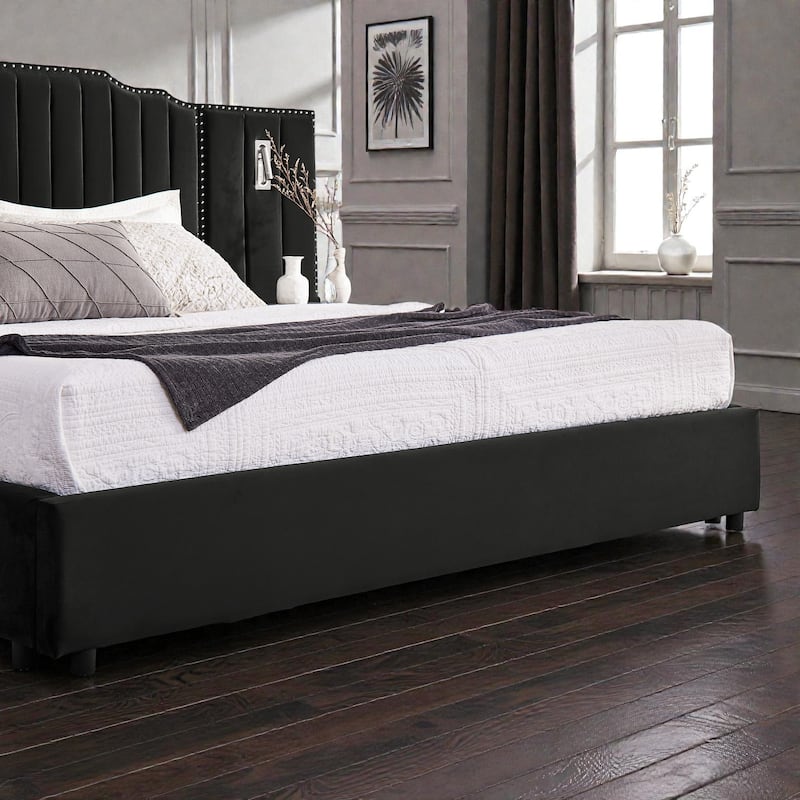 Modern Upholstered Bed Frame with Velvet Headboard, Vertical Channel Button Design, Integrated Nightstand, Platform Support