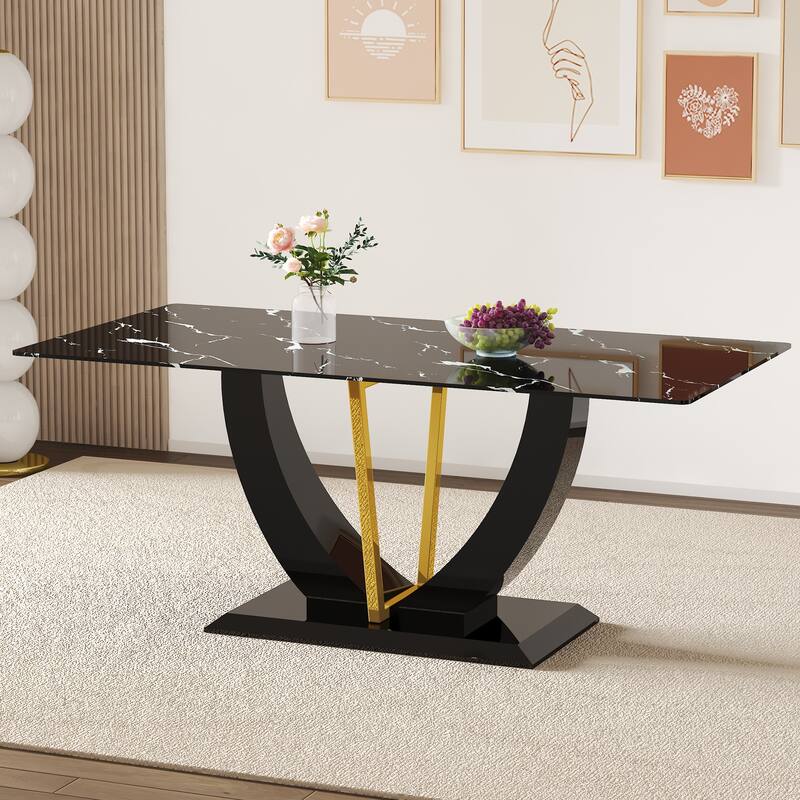 Modern minimalist and luxurious black imitation marble texture dining table rectangular office desk. Game desk