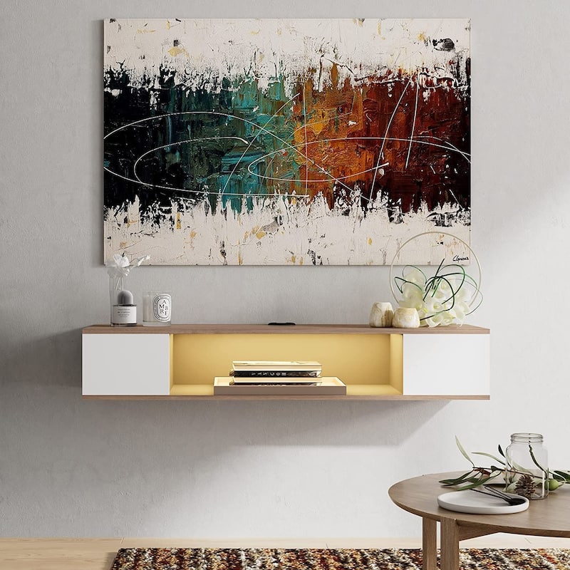 FITUEYES Floating TV Stand Wall Mounted Entertainment Center Media Console Wood Wall TV Shelf, Gray &Creamy White - White&Oak Gray&Yellow Light