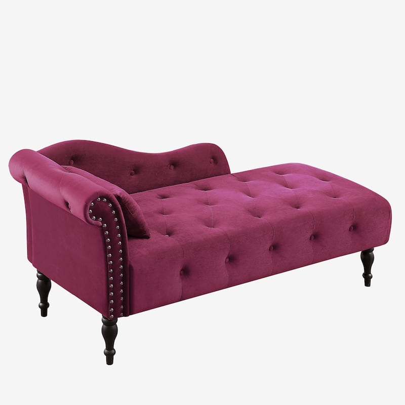 60.6"Velvet Chaise Lounge Buttons Tufted Nailhead Trimmed Solid Wood Legs with 1 Pillow(Left Arm Design as Shown in the Picture)
