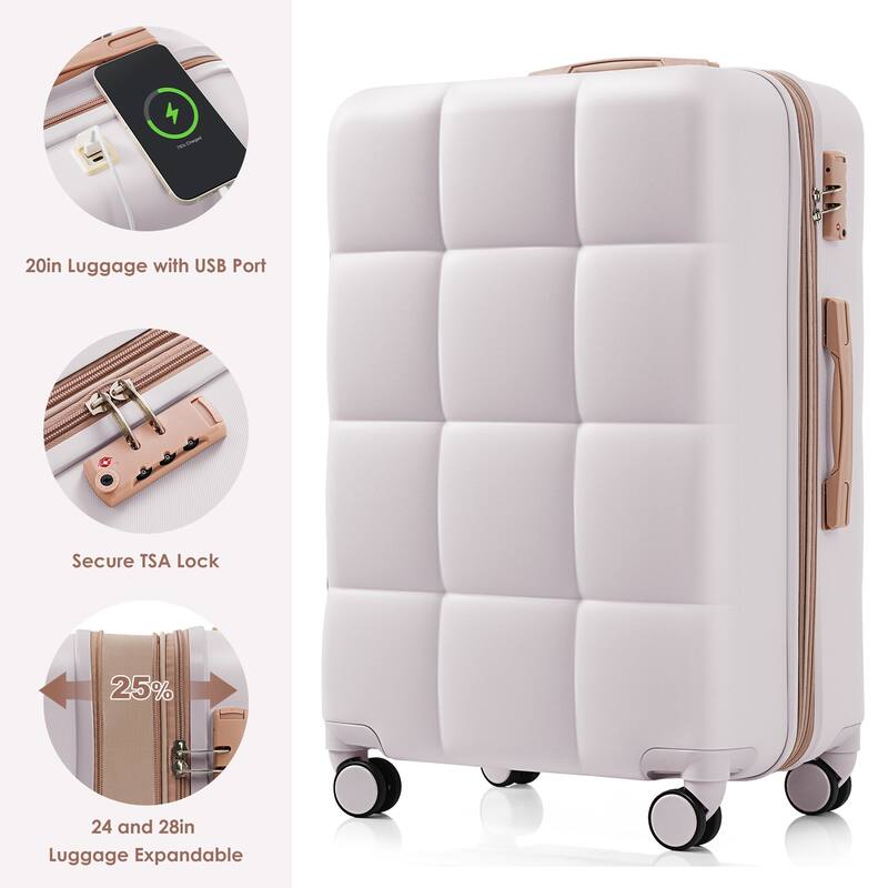 4 Piece Expandable Luggage Sets, ABS Durable Suitcase with Travel Bag and Cup Holder, Hard Shell Spinner Wheels Luggage