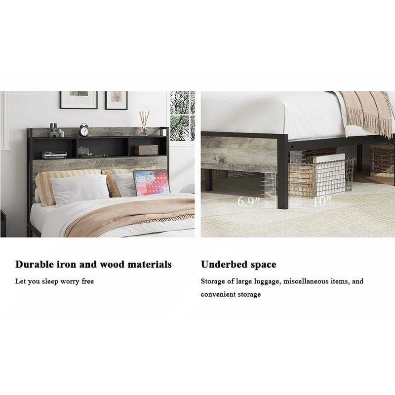 Single Bed Frame with Storage Headboard and Charging Station