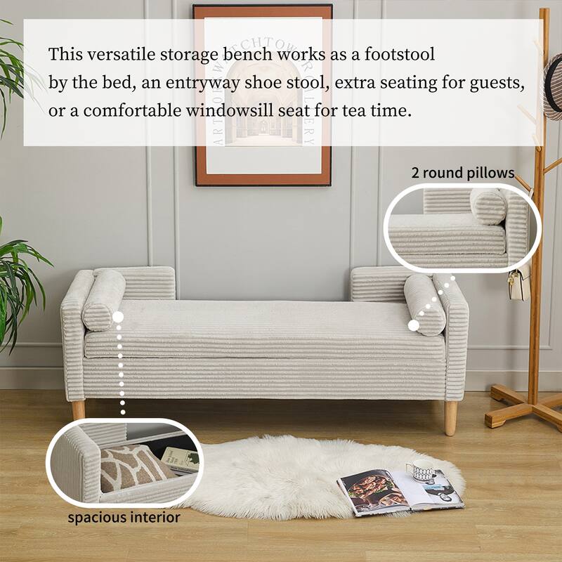 Corduroy Storage Bench with Bolster Pillows, 350LB, Natural Wood Legs