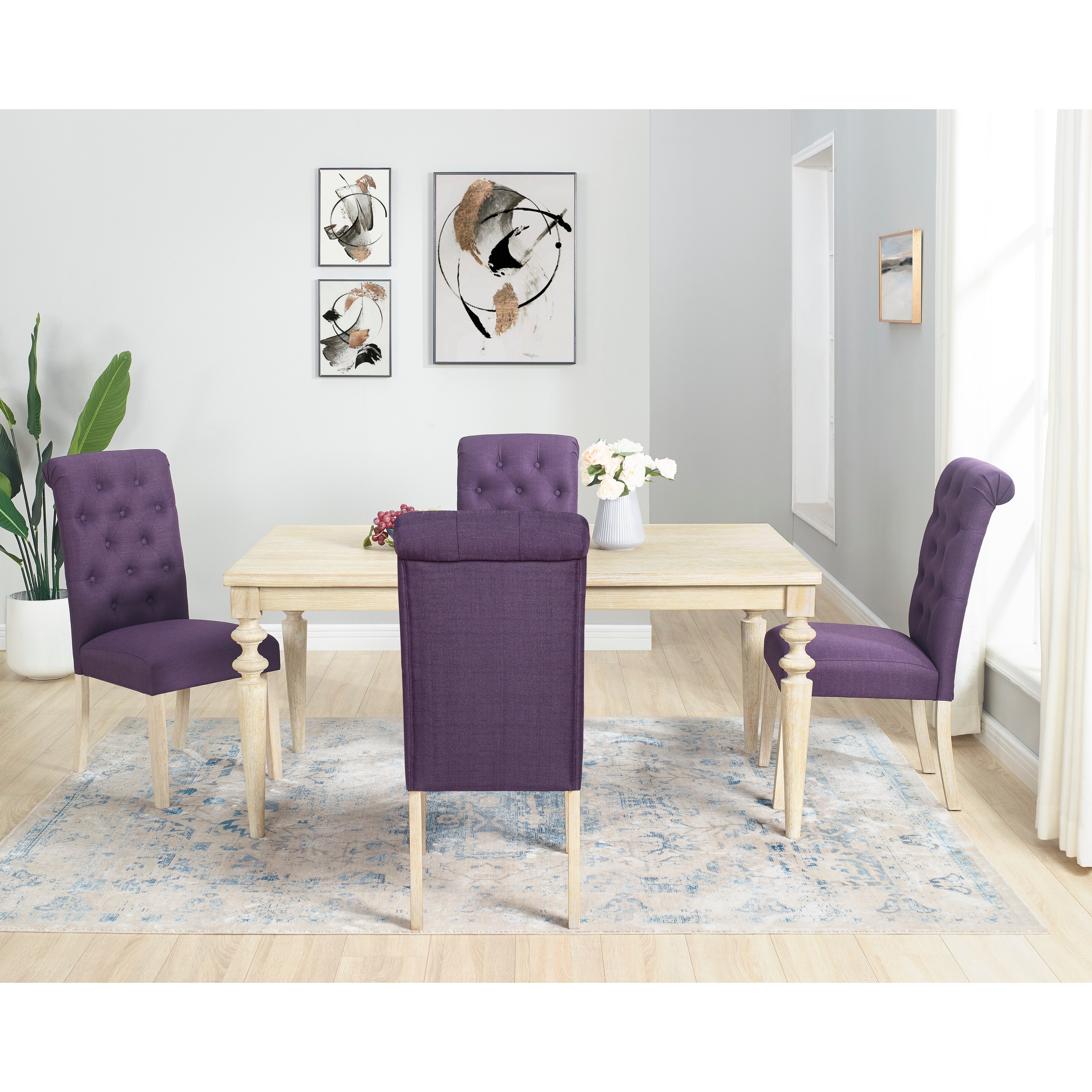 5-Piece Wooden Dining Set with Purple High-back Tufted Chairs