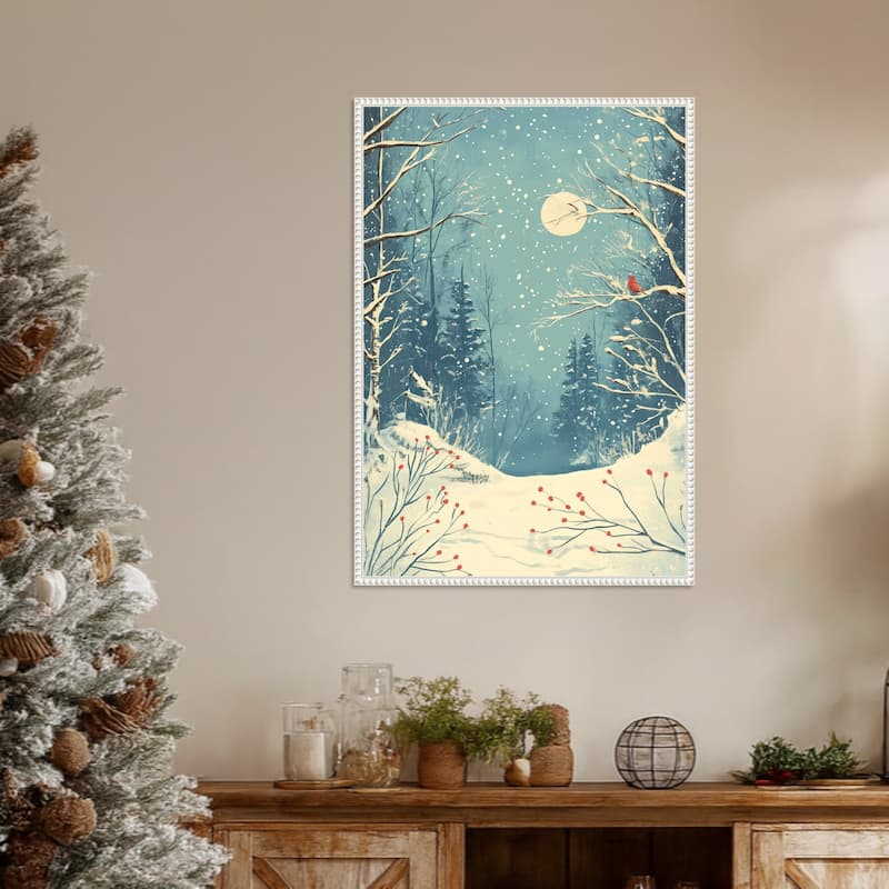 Red Bird in Snowy Forest by Pictufy Studio Framed Canvas Wall Art Print - Sylvie Beaded White