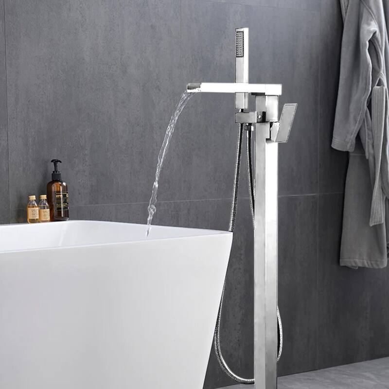 Vinter White Freestanding Acrylic Flatbottom Soaking Bathtub with Chrome Hardware and Cascata Tub Filler