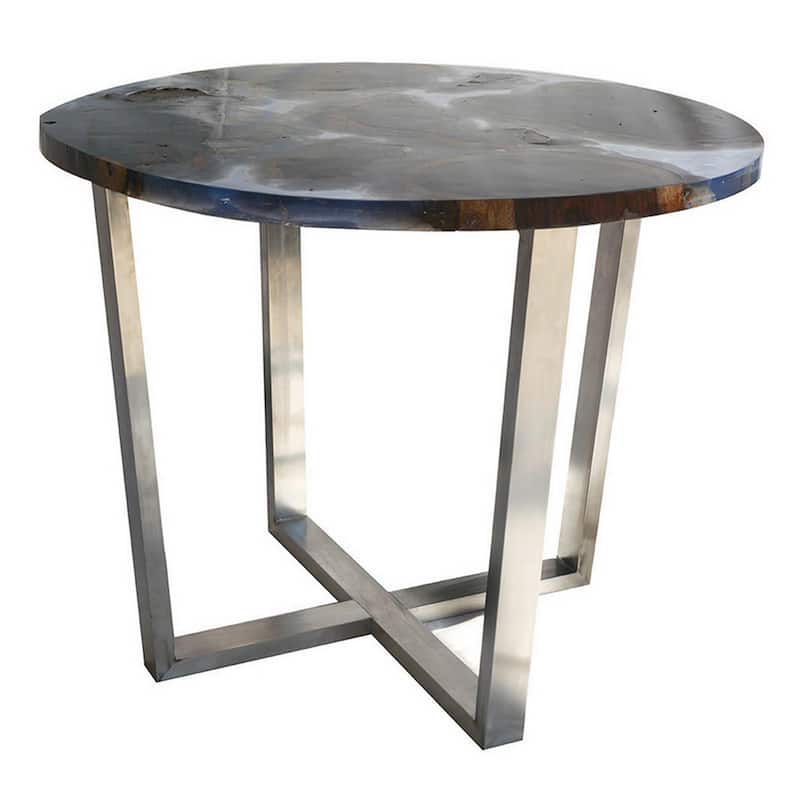 36 Inch Coffee Table, Round Resin Top, Sonokeling Wood Frame, Blue, Gray