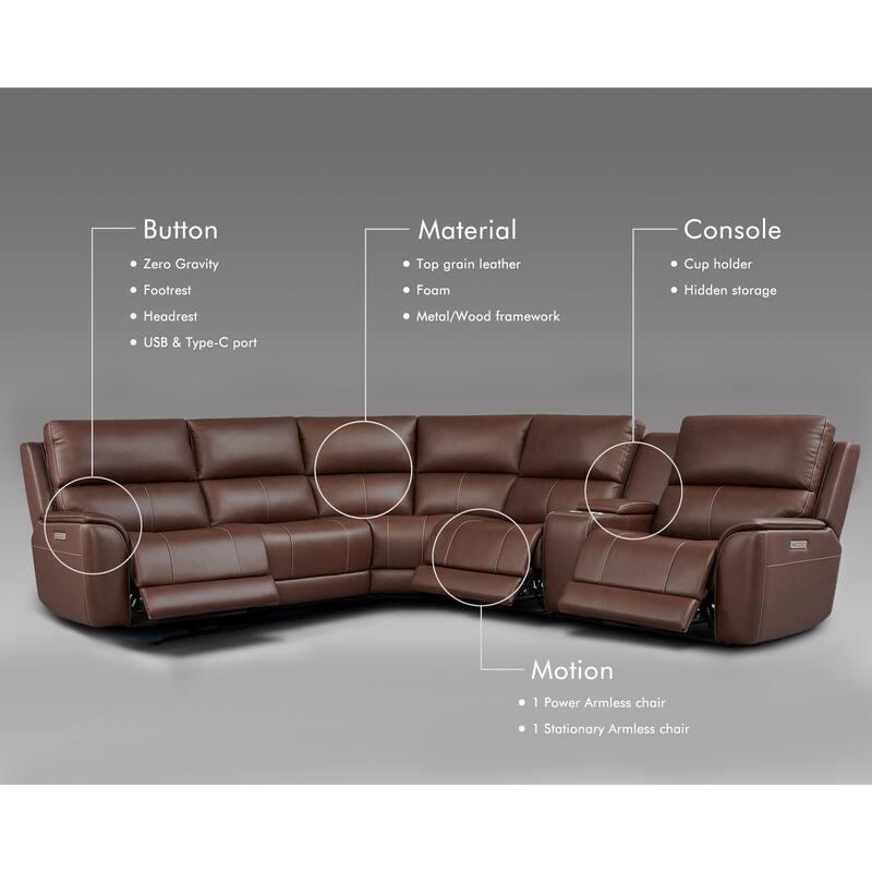 123''W Luxury Premium Genuine Leather Triple-Power Double Width Sectional Sofa with Zero Gravity,USB & Type-C Ports