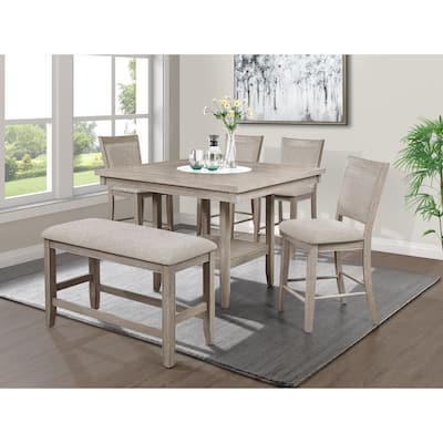 6 Pcs Counter Height Dining Table and Chair Set, Solid Wood Dining Room Furniture Set with Square Table, 4 Chairs and 1 Bench