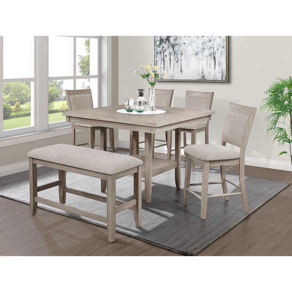 6 Pcs Counter Height Dining Table and Chair Set, Solid Wood Dining Room Furniture Set with Square Table, 4 Chairs and 1 Bench